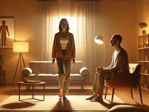 DALL·E 2025-03-25 15.49.50 - A warm and well-lit therapy room where a family constellations session is taking place. A woman, the client, stands in the center of the room in a det